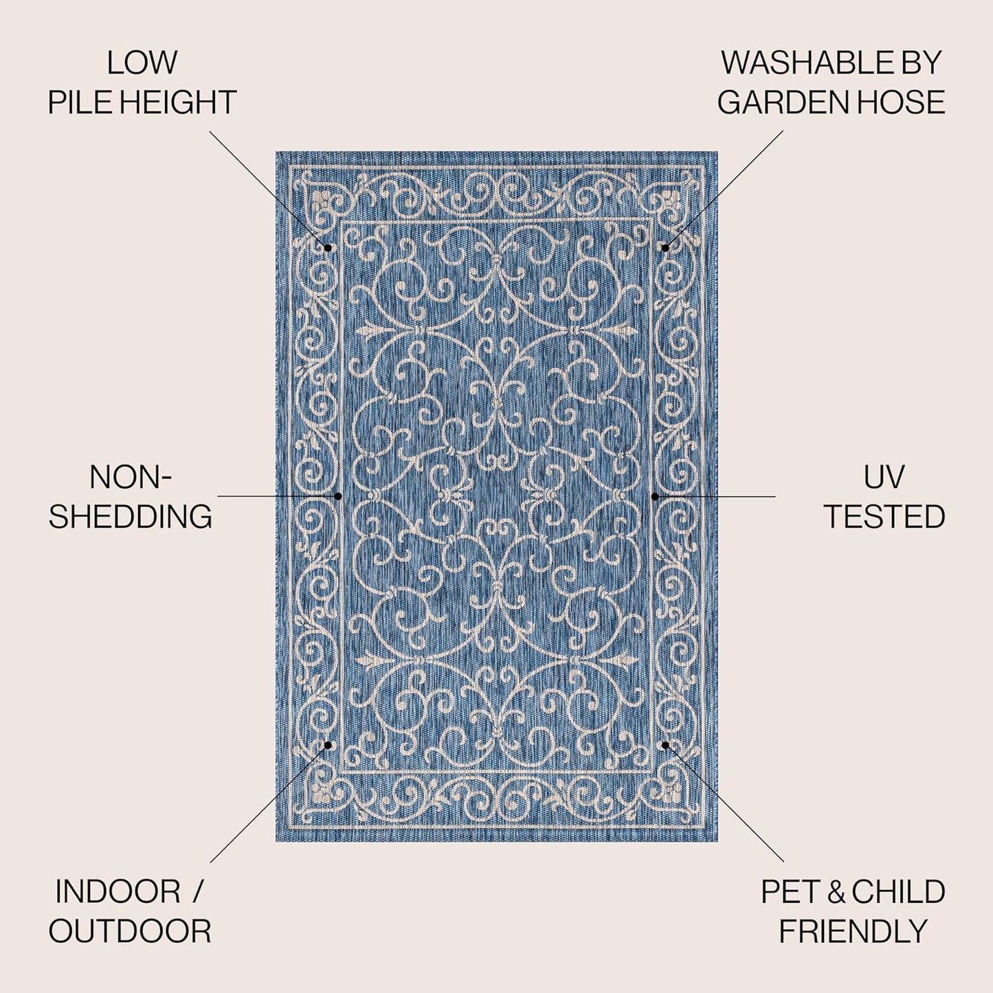 JONATHAN Y Vintage Filigree Indoor Outdoor Square Area Rug 5X5 Navy/Gray, Charleston Textured Weave for Backyard, Patio, Porch, Easy-Cleaning, High Traffic, Pet-Friendly, Non-Shedding (SMB106D-5SQ)