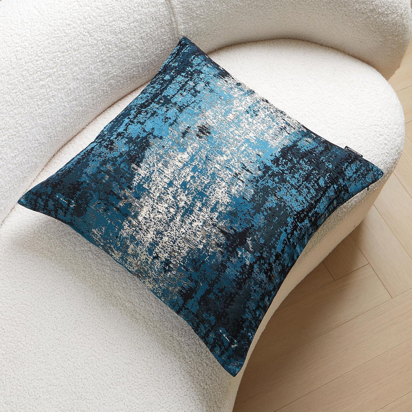 THE-TINOART Teal & Gold Embroidered Jacquard Pillow Cover 20x20 - Luxury Reversible Decorative Throw Pillow Cover with Gold Thread & Velvet Backing, Elegant Holiday Home Decor