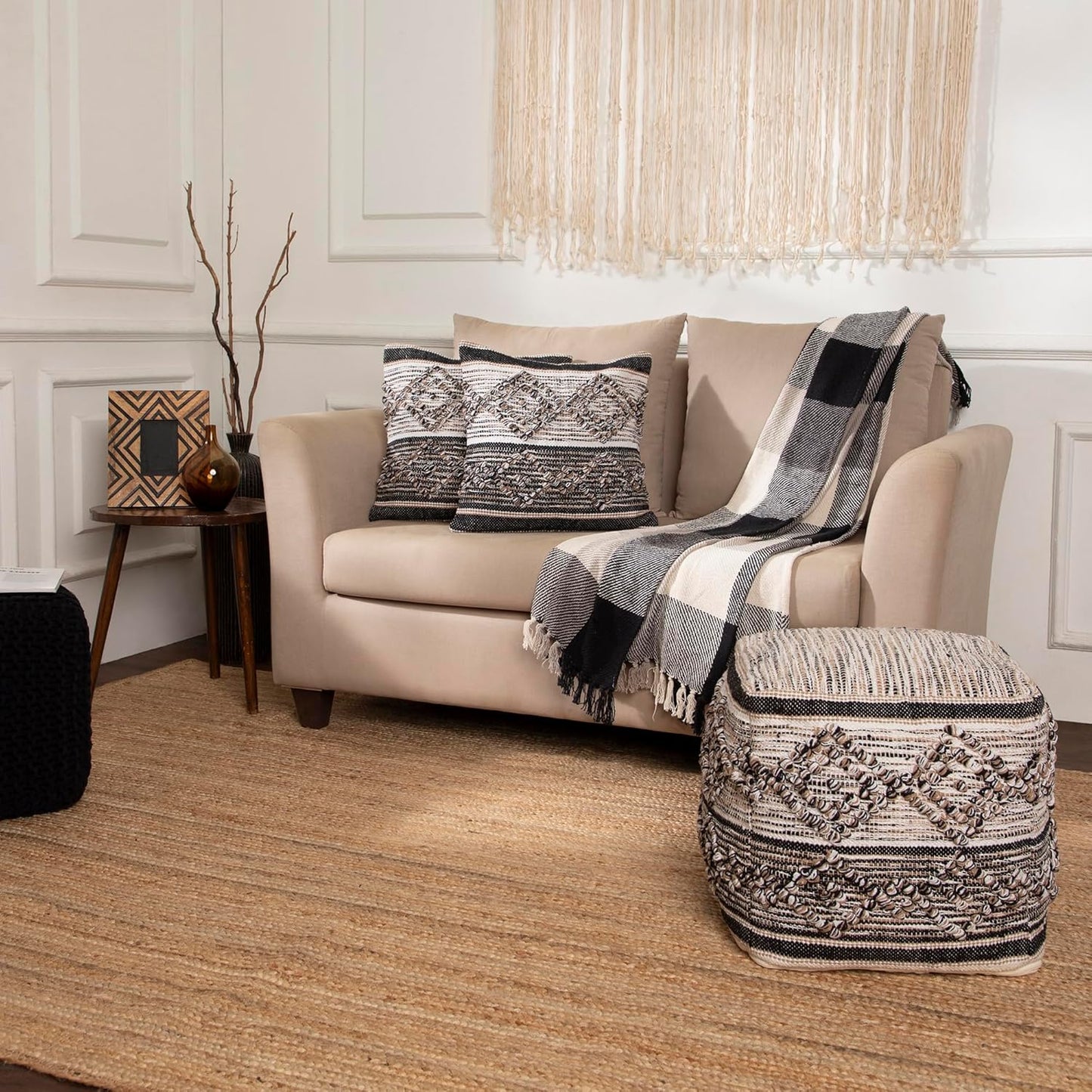 REDEARTH · Tufted Pouf Ottoman with Filler Textured Storage Cube Bean Bag Pouffe Footrest for Indoor; 100% Cotton (17.5"X17.5"X17.5", Black Jasper)
