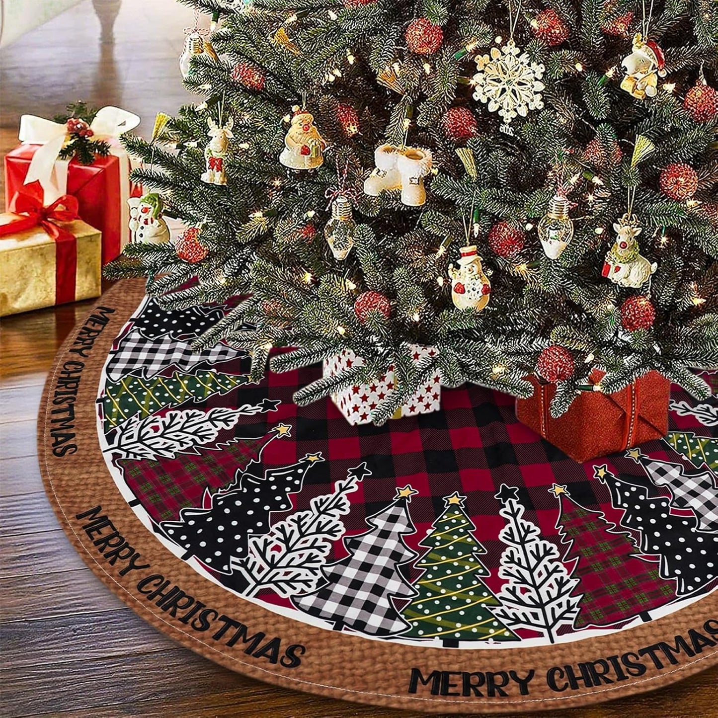 Christmas Tree Skirt 36 Inch, Red and Black Buffalo Plaid Xmas Tree Skirts, Winter Christmas Trees Mat for Home Party Holiday Indoor Outdoor Decorations