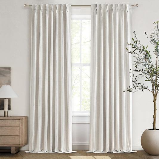 Extra Long Floor to Ceiling 132 Inch Viral Curtains for Living Room, Pinch Pleated Cream Blackout Curtain Linen Insulated Soundproof Heavy Drapes for Dining Room Large Windows W40"xL132"x2 Panels