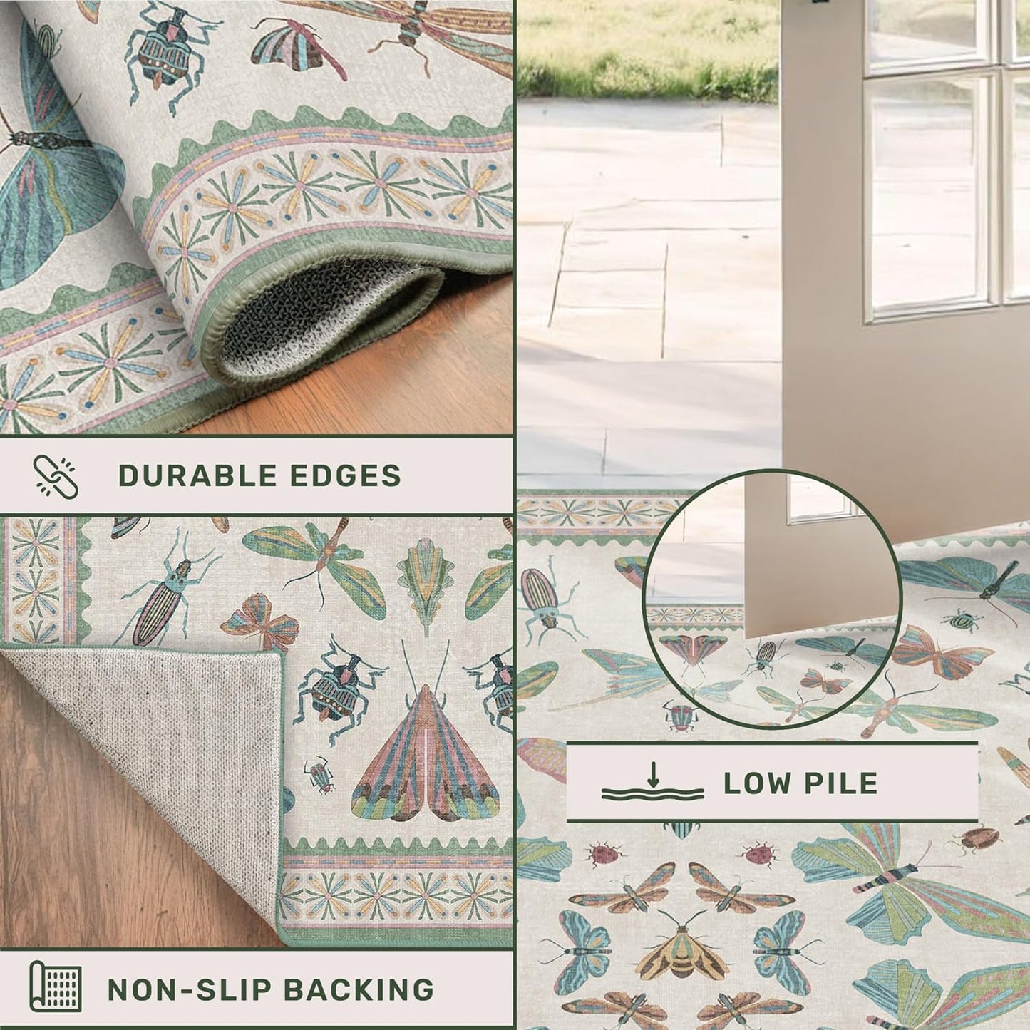 Green and Blue Nursery Rug 5x8 - Washable Soft Area Rugs for Bedroom Under Bed, Living Room, Vintage Floral Butterfly Fun Indoor Floor Decor