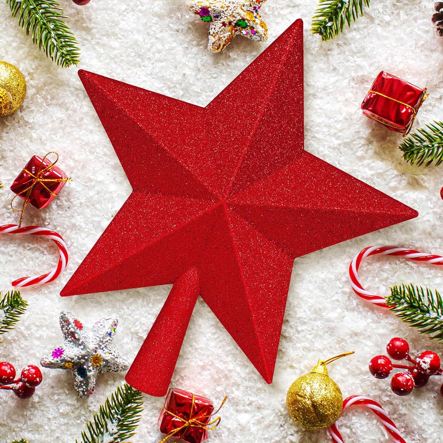 Star Tree Topper, 10" Red Christmas Tee Topper Decorations, Glitter 3D Xmas Bethlehem Star Waterproof Shatter-Proof, Christmas Tree Topper Ornament Decor for Christmas Holiday Party Indoor Outdoor