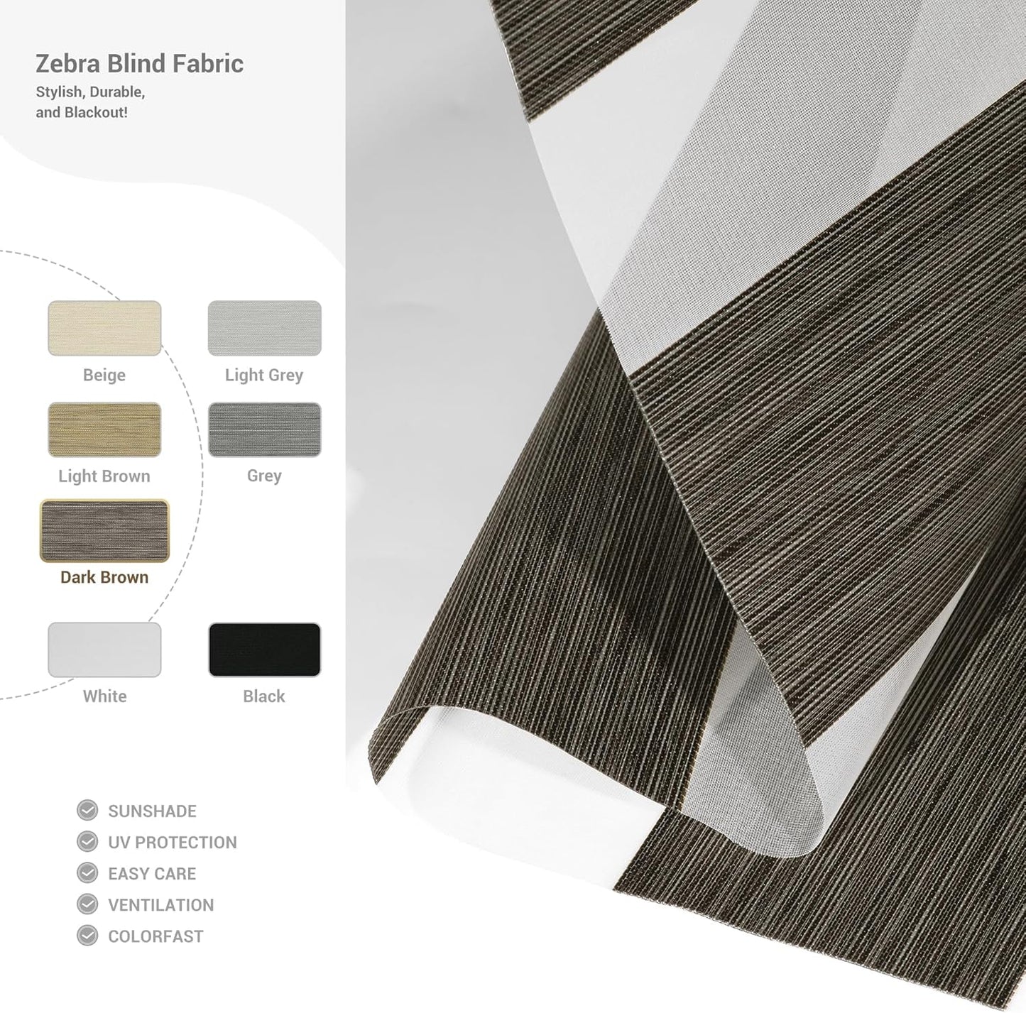 Cordless Zebra Blinds for Windows, Blackout Interior Blinds,Easy to Install,UV Protection,for Offices and Home,Custom Roller Shades, Mousse Dark Bown,71" W x 64" H