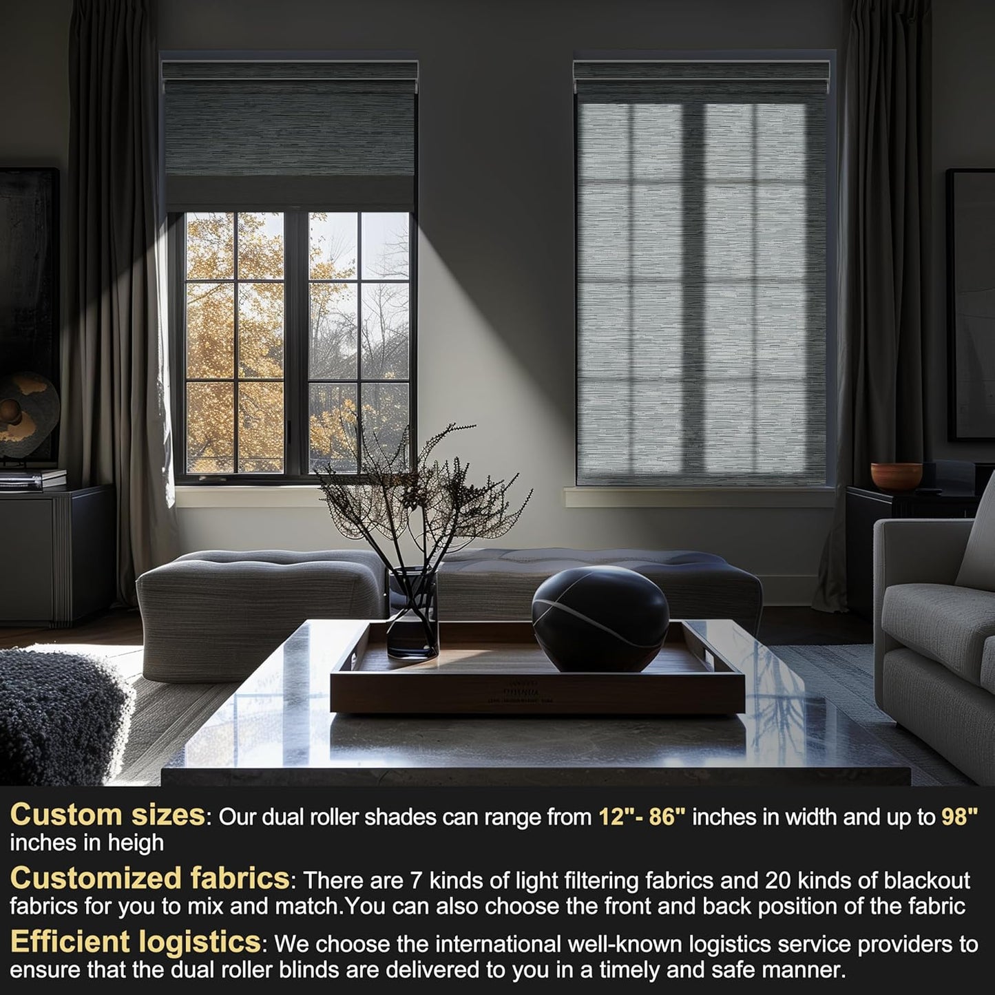 BERISSA Cordless Dual Roller Shades With Cassette Valance, Double Window Blackout and Light Filtering, Day and Night for Home Office Door - Striped Jacquard Grey, 41 W x 44" H