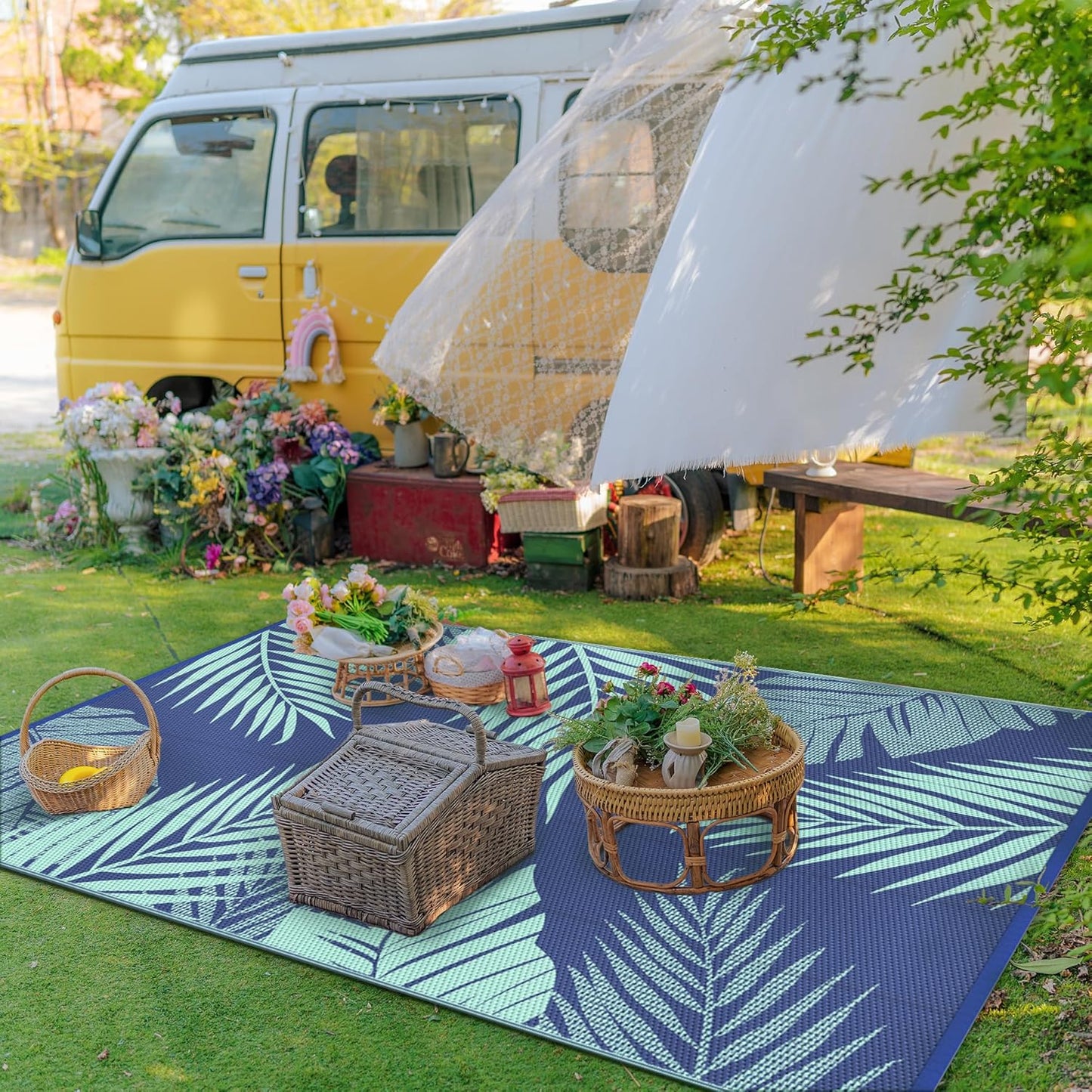 GENIMO Outdoor Rug 5' x 8' Waterproof for Patios Clearance, Reversible Outdoor Plastic Straw Camping Rug Carpet, Large Area Rugs Mats for RV, Camper, Deck, Balcony, Porch, Beach, Royal Blue&Blue Green