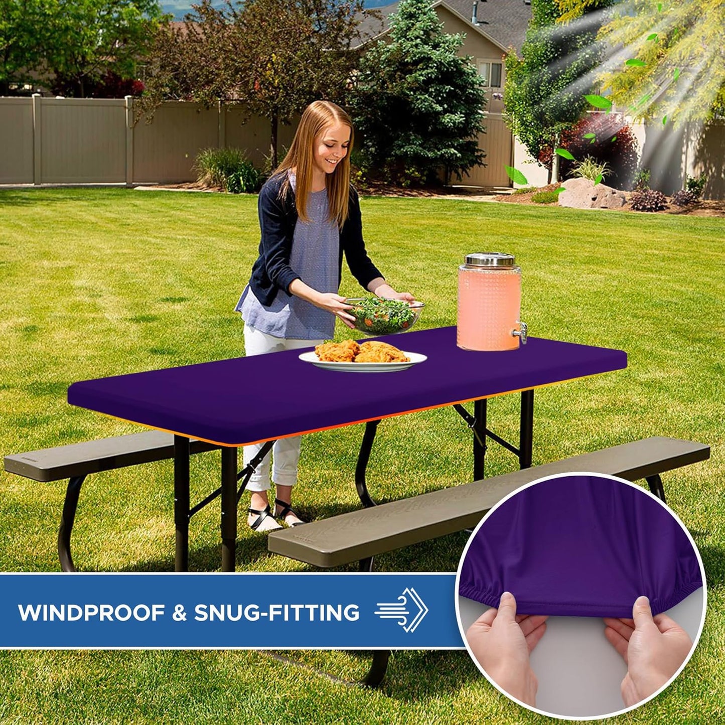 Fitted Tablecloth for 8 foot Rectangle Table-4 Pack Dark Purple Elastic Outdoor Picnic Table Cover-Spandex Stretch Folding Tablecloths 8ft for Camping Dining Room Patio Kitchen Banquet Party