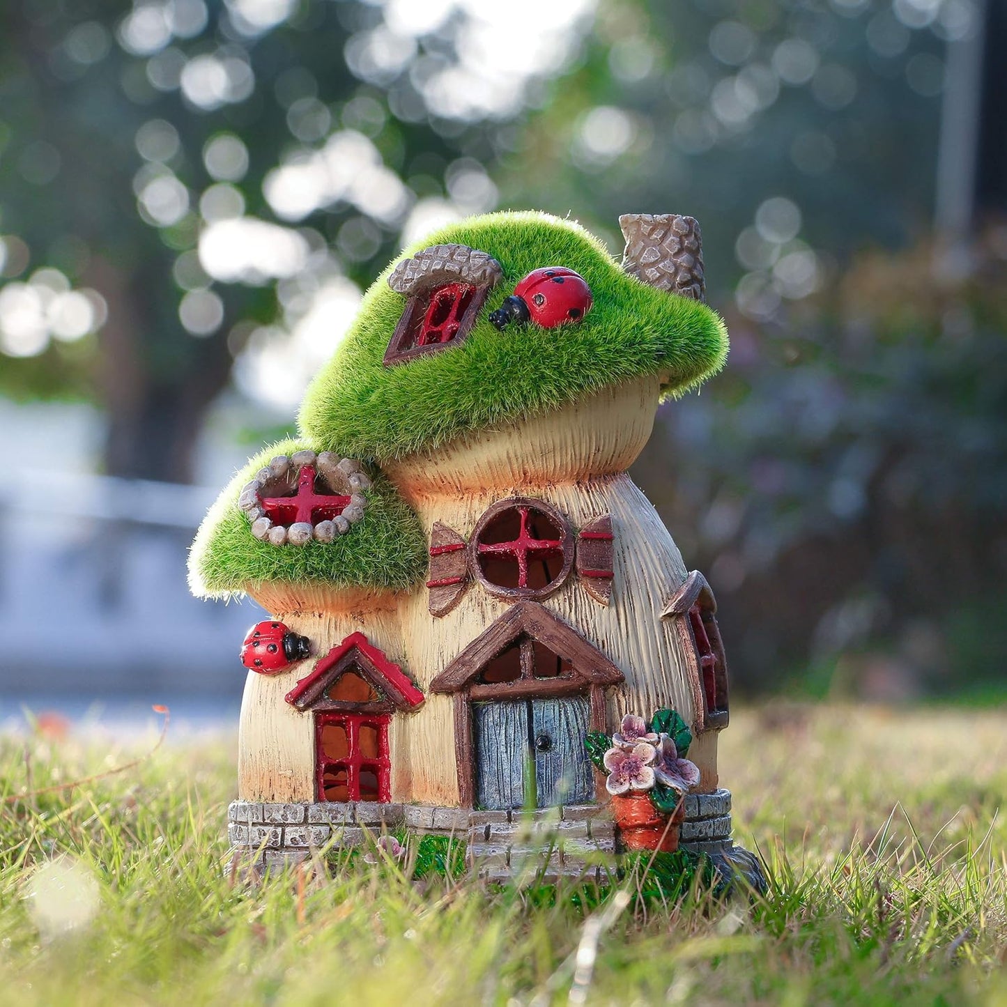TERESA'S COLLECTIONS Mushroom Garden Statues with Outdoor Solar Light for Garden Decor, Green Flocked Decorations Resin Fairy House Accessories, Outdoor Decor Yard Gifts for Mom Women