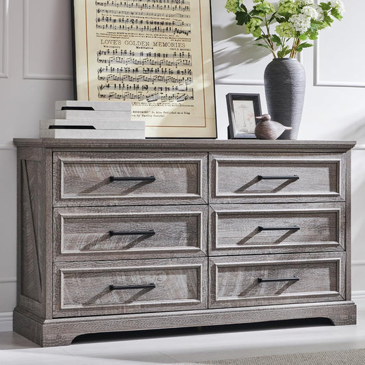 Farmhouse 6 Drawer Dresser for Bedroom, 52 Inch Wide Modern Dresser TV Stand with Large Drawers & Bar Handles, Rustic Wood Chest of Drawers for Bedroom, Living Room, Hallway, Grey