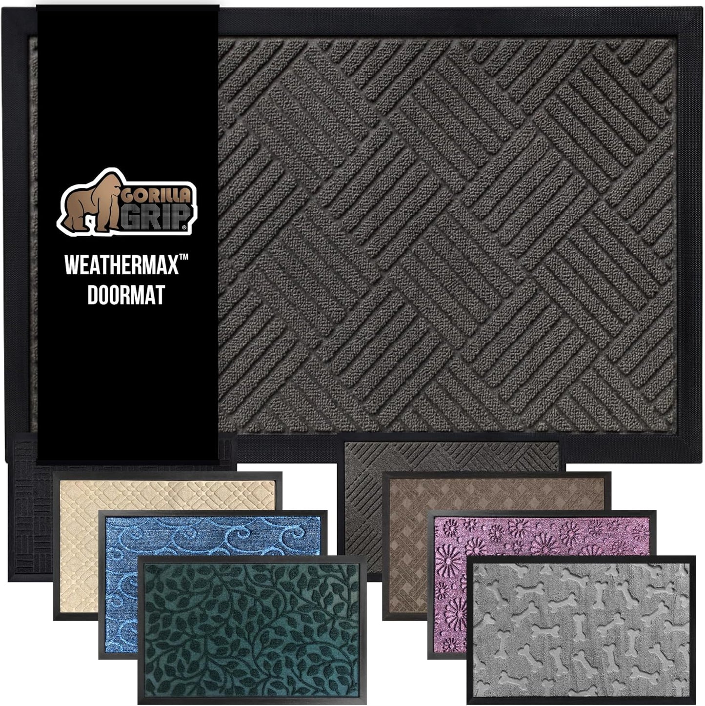 GORILLA GRIP 100% Waterproof All-Season WeatherMax Doormat, 34x58, US Designed Natural Rubber, Stain and Fade Resistant, Low Profile Indoor Outdoor Door Mats, Easy Clean Patio Mat, Gray Diamond