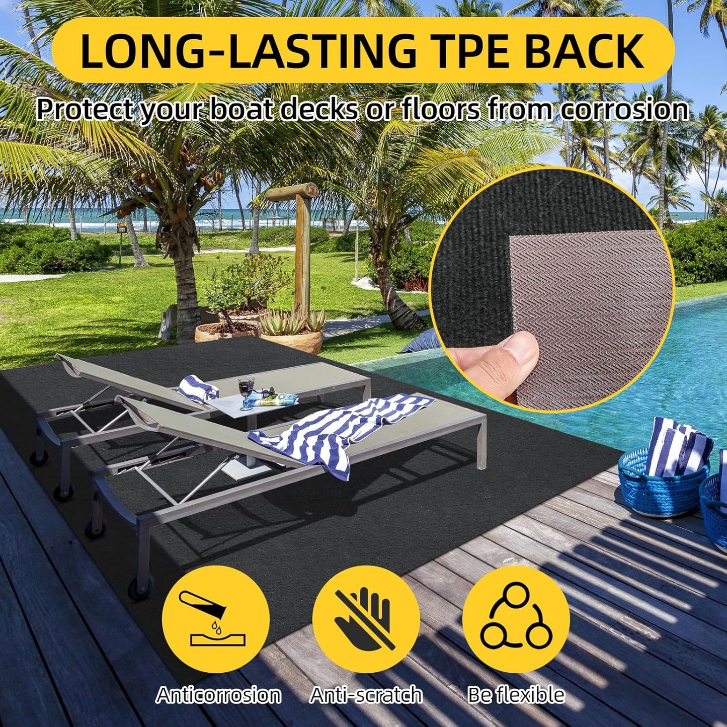 Marine Carpet, 5 FT x 25 FT Black Indoor/Outdoor Rug, 0.2" Thick, Non-Slip, Waterproof