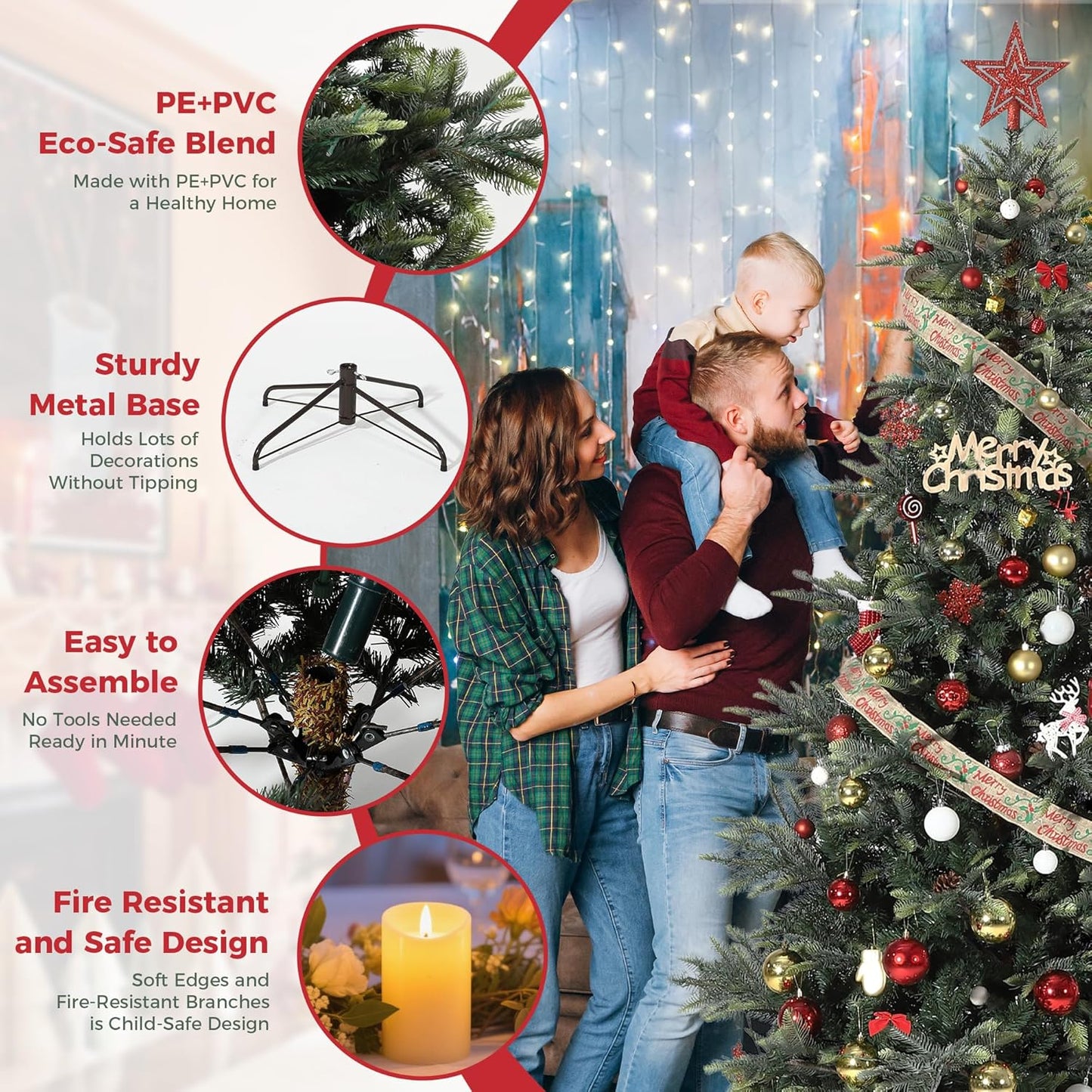 7.5ft Pre-lit Artificial Christmas Tree,Spruce Prelit Christmas Trees for Home,Office,Party Thickened PE&PVC Branch Tips & UL Listed Lights Incandescent Warm White,Fire-Resistant Automatic Branches