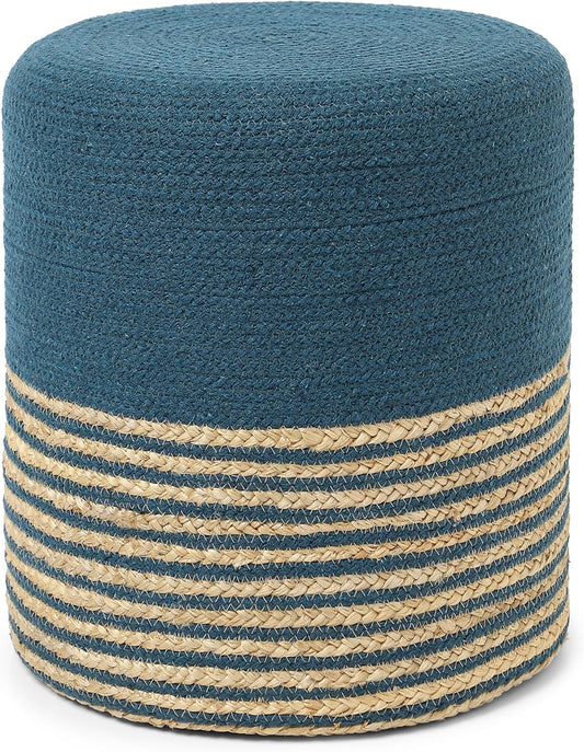 REDEARTH · Cylindrical Pouf Foot Stool Ottoman - Jute Braided Pouffe Poof Accent Sitting Footrest for Living Room, Bedroom, Nursery, Patio, Lounge & Other Rooms (Teal Natural, 14.5"x14.5"x16")