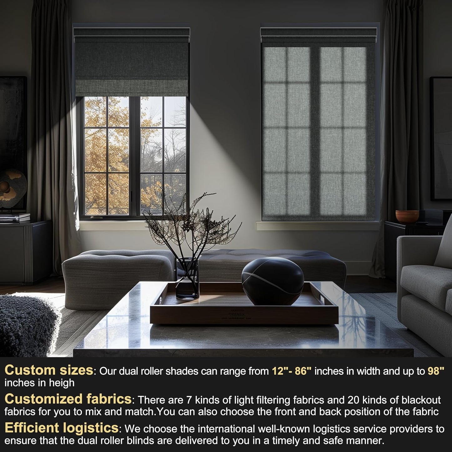 BERISSA Dual Roller Shades with Cassette Valance, Blackout and Light Filtering, Day and Night Shades for Home Office Door. Linen Grey. 39 W x 48" H