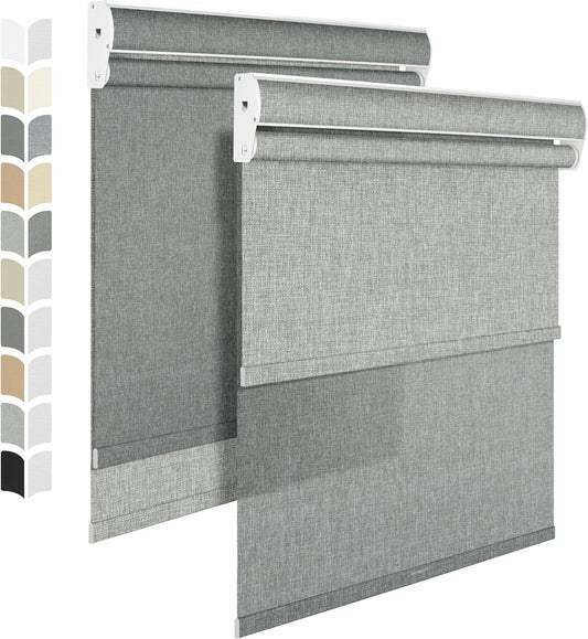 BERISSA Cordless Dual Roller Shades with Cassette Valance,Double Window Shades Blackout and Light Filtering Shades,Day and Night Roller Shades for Home Office Door.Linen Grey.43 W x 64" H