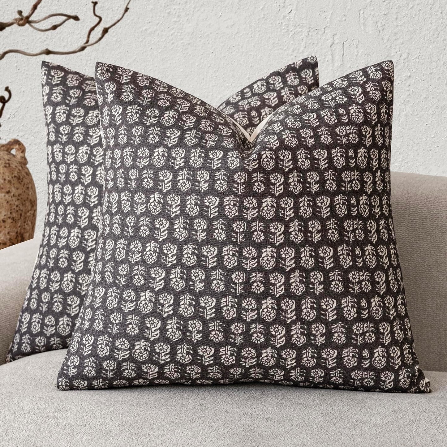 Foindtower Set of 2 Decorative Neutral Floral Print Throw Pillow Covers Vintage Accent Farmhouse Cushion Covers Boho Home Decor for Sofa Couch Chair Bedroom Living Room Outdoor,24×24 Inch,Black