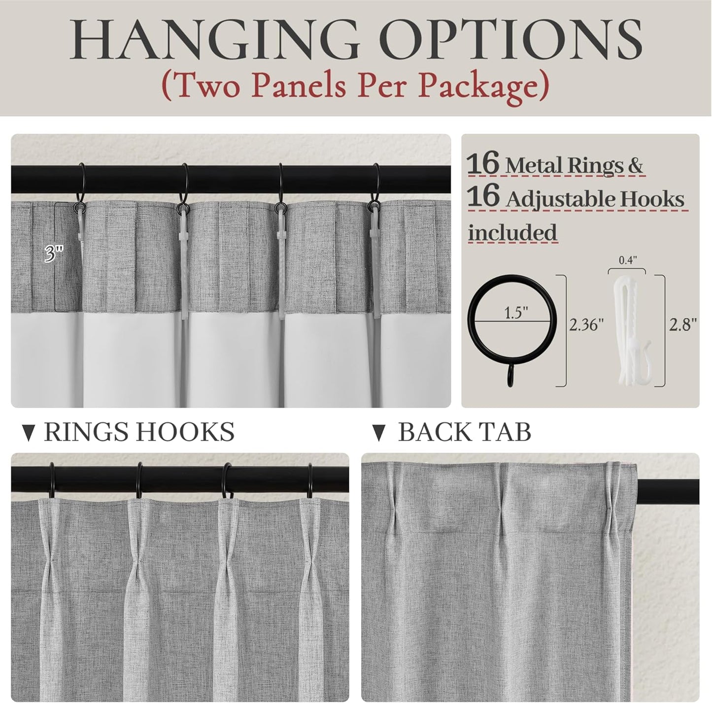 Gray Pinch Pleated 96 Inch Curtains 2 Panel Set for Living Room, Neutral Heavy Linen Blackout Window Drapes Insulated Privacy with Hooks Rings 8 FT Length Sliding Glass Door Viral Burg(40"Wx96"L Grey)