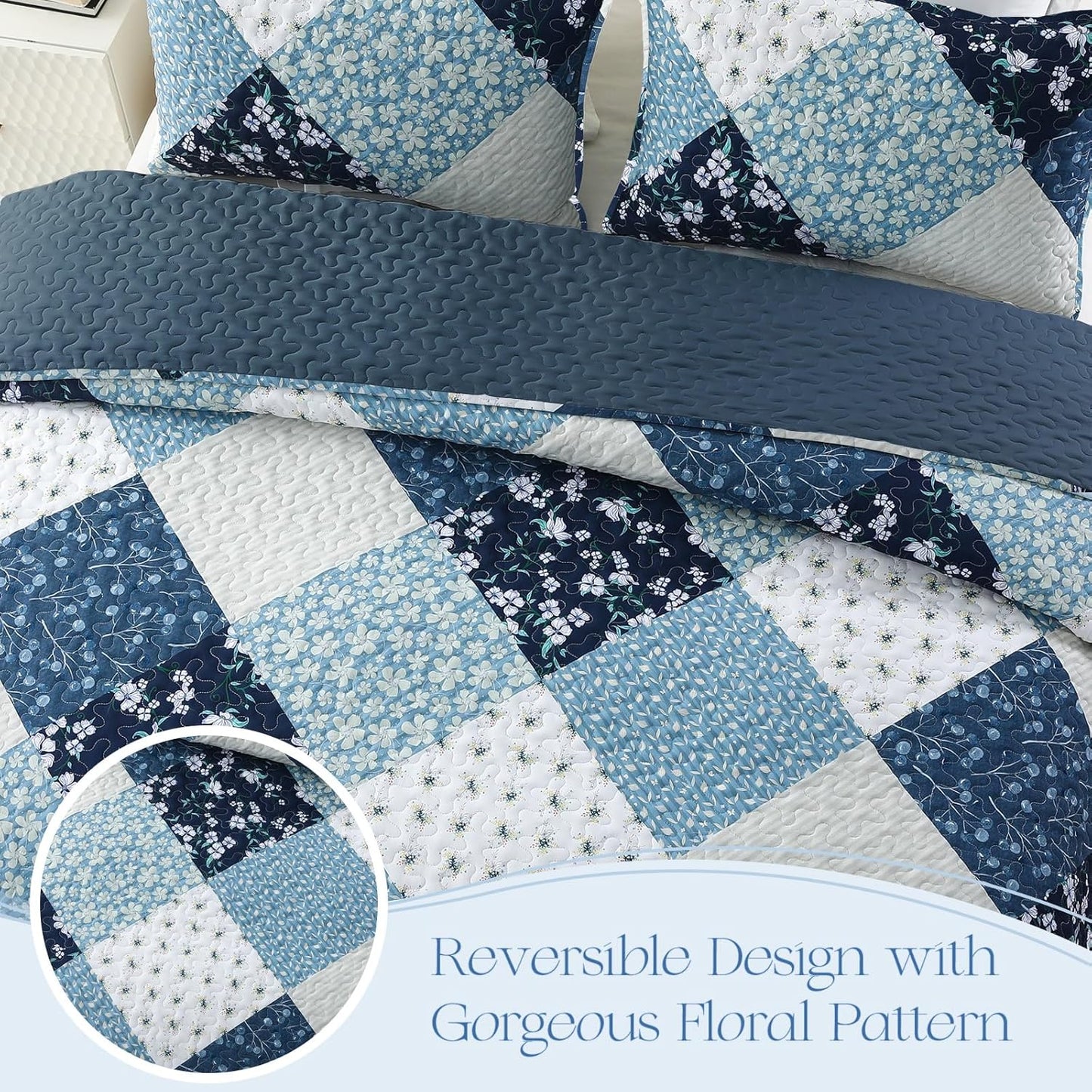 Exclusivo Mezcla Reversible Boho Quilt Set Queen Size, 3 Pieces Patchwork Blue All Season Bedspreads, Ultra Soft Floral Coverlet Bedding Set with Printed Pattern (1 Quilt, 2 Pillow Shams)
