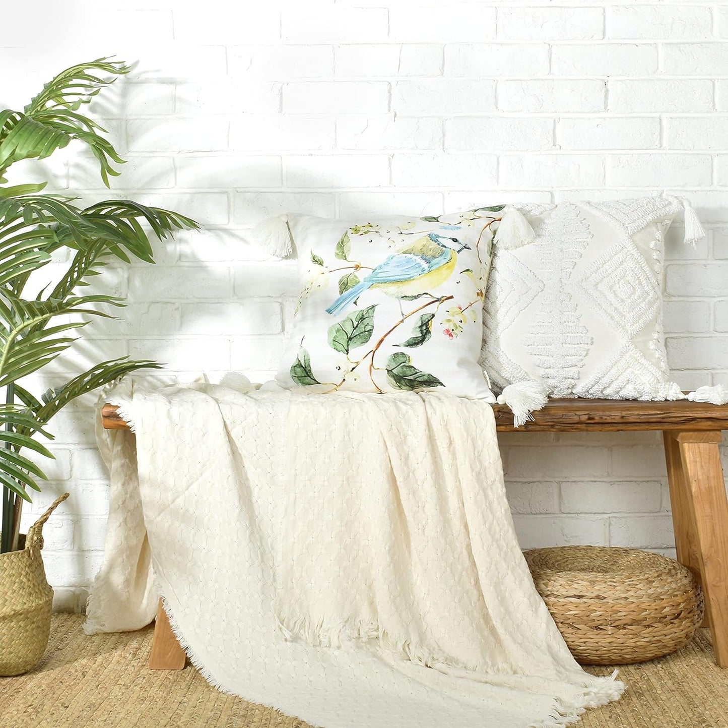 Boho Style Sofa Throw Pillow Covers – Exquisitely Crafted with Hand-Finished Tuft with Thick Cotton Tassel Details – Soft & Stylish Moroccan Decorative, 18x18inch (Spring Ruched)