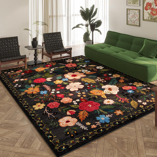 Area Rugs 8x10 Rug for Living Room Clearance Washable Boho Area Rug Non Slip Floral Vintage Low Pile Large Rug for Living Room, Bedroom, Farmhouse, Dining Room, Kids Playroom(Black)