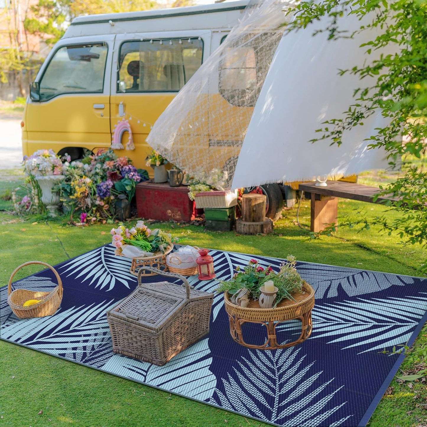 GENIMO Outdoor Rug 5' x 8' Waterproof for Patios Clearance, Reversible Outdoor Plastic Straw Camping Rug Carpet, Large Area Rugs Mats for RV, Camper, Deck, Balcony, Porch, Beach, Navy Blue&Baby Blue