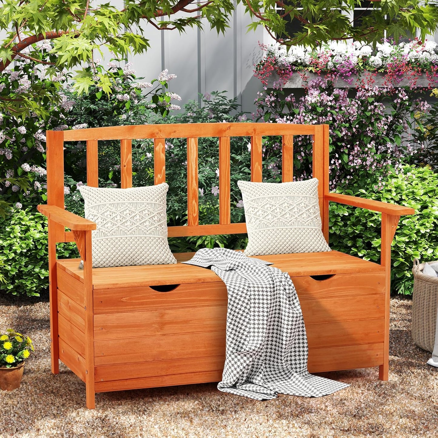 AVAWING Outdoor Storage Bench, Wooden Garden Bench Weatherproof, Patio Benches for Outside, 2-Seat Front Porch Bench, Park Bench for Deck, Lawn, Backyard(Natural)