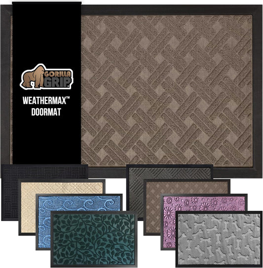 GORILLA GRIP 100% Waterproof All-Season WeatherMax Doormat, 47x35, US Designed Natural Rubber, Stain and Fade Resistant, Low Profile Indoor Outdoor Door Mats, Easy Clean Patio Mat, Taupe Basket Weave