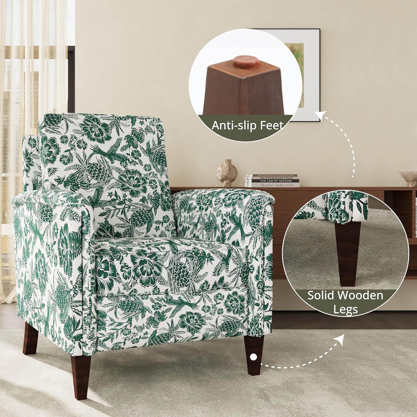 Floral Accent Chair Set of 2, High Back Upholstered Armchair with Solid Wooden Legs, Padded Armrest and Removable Comfortable Cushioned Seat Single Sofa for Living Room, Bedroom, Green