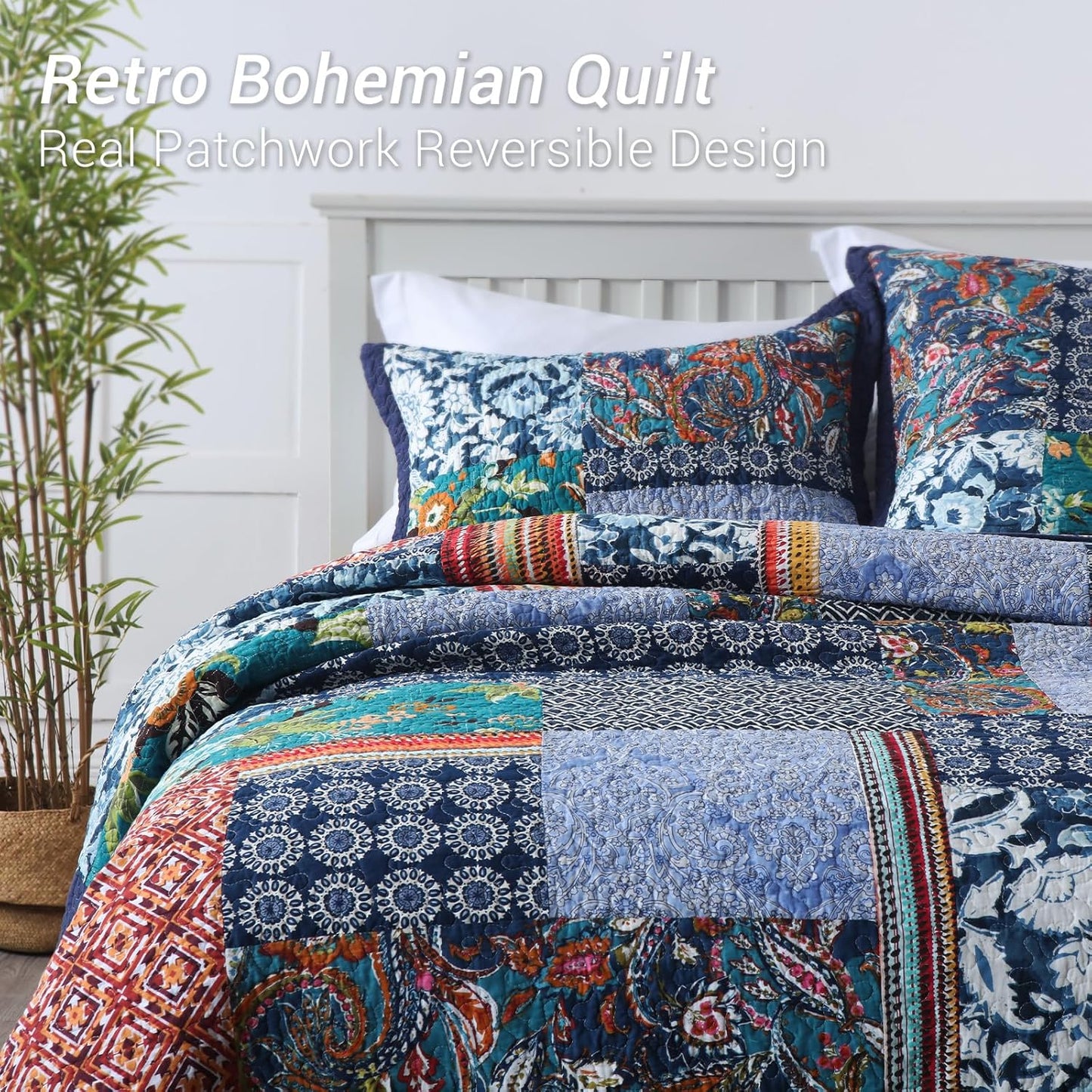 Yvooxny King Quilt Set Reversible Lightweight Bohemian Paisley Patchwork Cotton Quilted Bedspread Coverlet Set 3-Piece Bedding Set with Pillowcases for All Seasons, King Size, 108 * 96 Inches