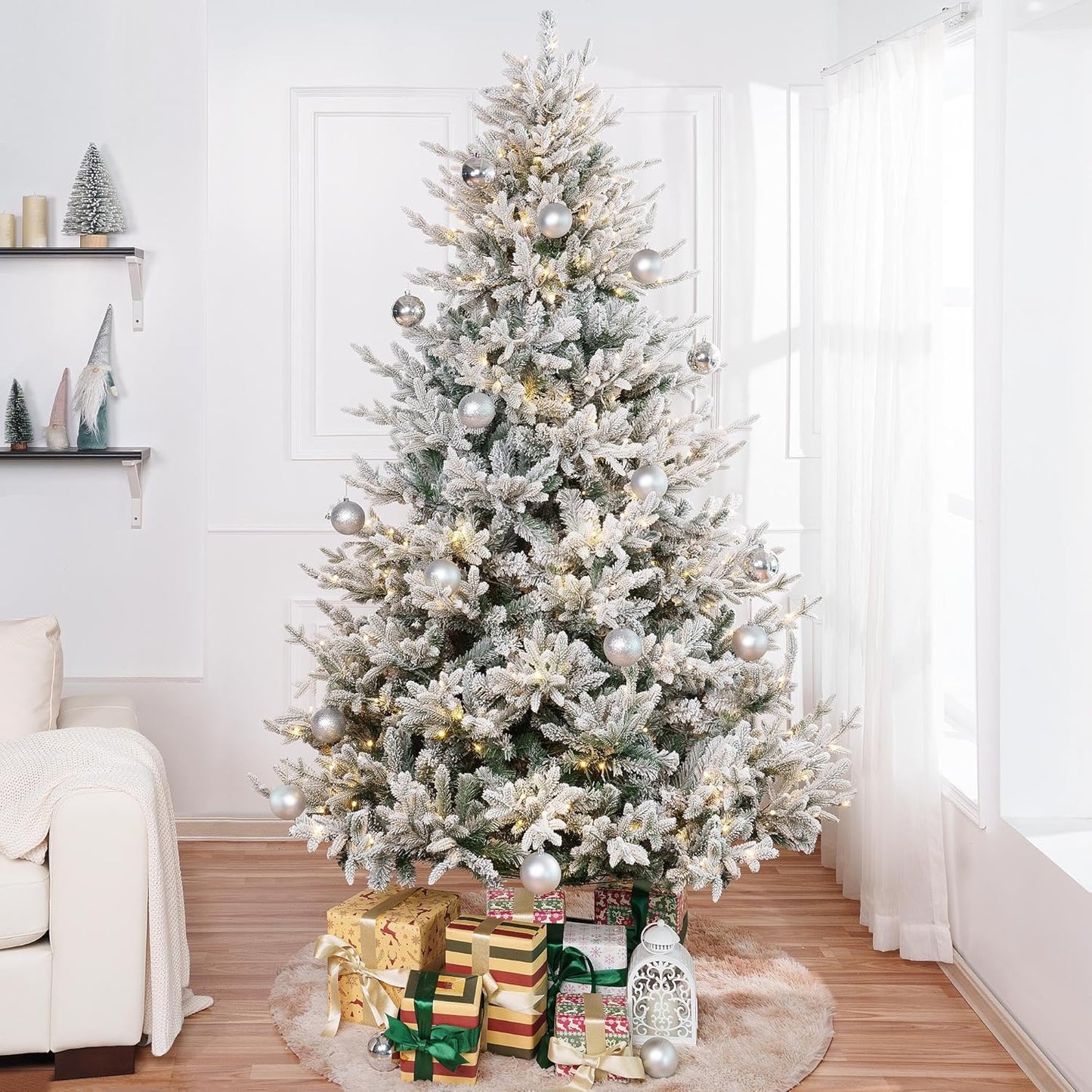 Naomi Home 6 5ft Frosted Christmas Tree with Lights Realistic Snow Flocked Christmas Tree Prelit with 2456 Branch Tips 450 Warm Lights and Metal Stand Aritificial