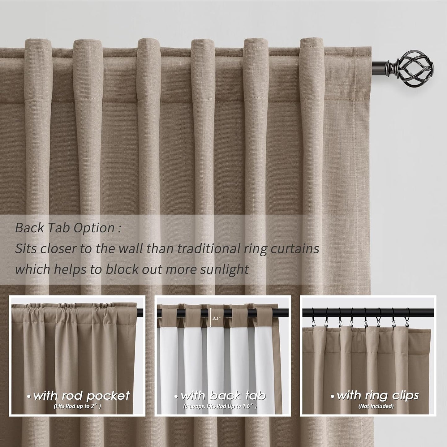 BOODII Room Darkening Curtains 120 Inch Back Tab Thermal Insulated Black Out Linen Drapes Extra Long Blackout Curtains for Patio Door Large Window Ceiling to Floor Light Blocking Light Brown 52x120