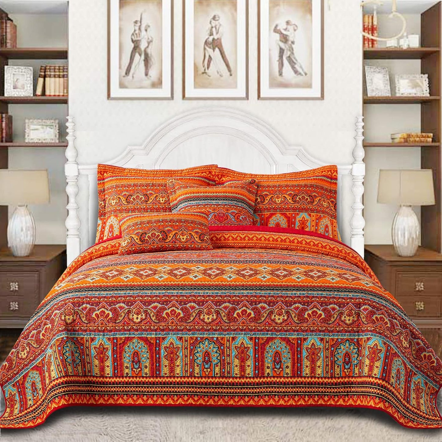 VAPUTAR Cotton Quilt Queen Size Bedding Set - 3 Pieces, Boho Queen Size Quilts, Lightweight Reversible Coverlets Bedspreads for Farmhouse Bedroom (Red/Orange)