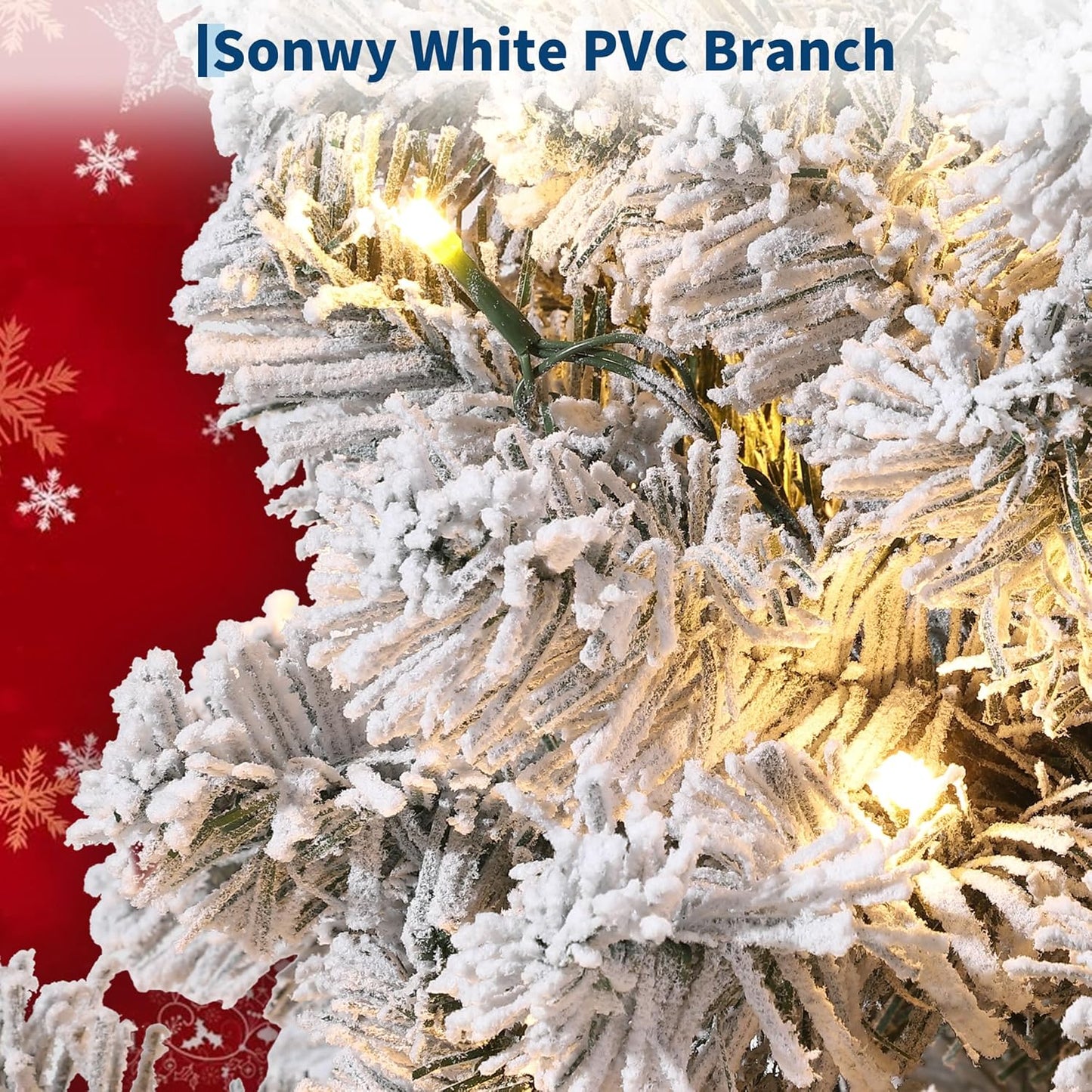 GarveeHome 9ft Prelit Artificial Christmas Tree with Warm White Lights, Snow Flocked Full Xmas Tree with 1800 Branch Tips, 900 LED Lights & Foldable Stand, Green & White Christmas Decorations