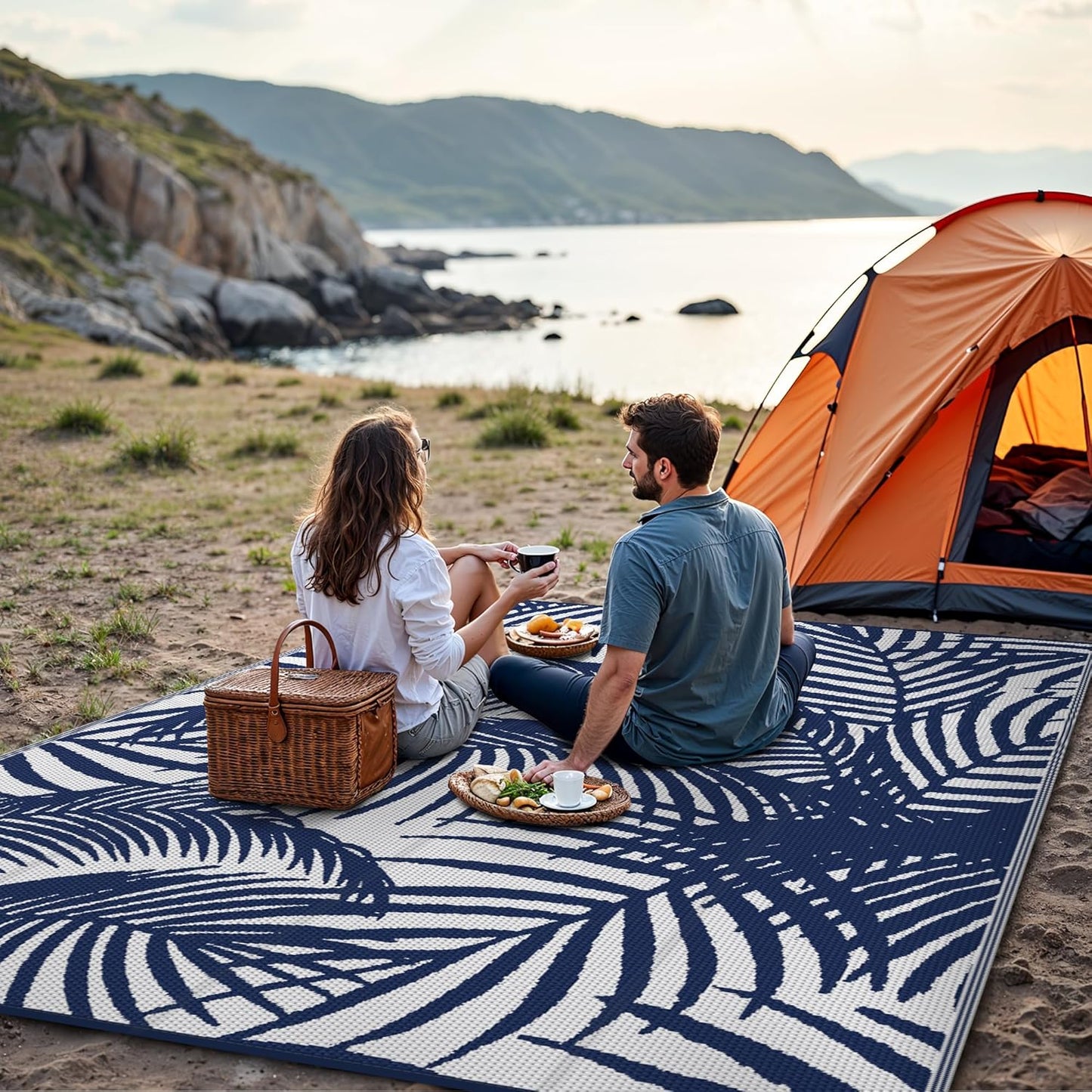 GENIMO Outdoor Rug 5' x 8' Waterproof for Patio Clearance, Reversible Plastic Straw Camping Carpet, Lightweight Mats for Rv, Backyard, Deck, Porch, Picnic, Beach, Balcony, Blue & White