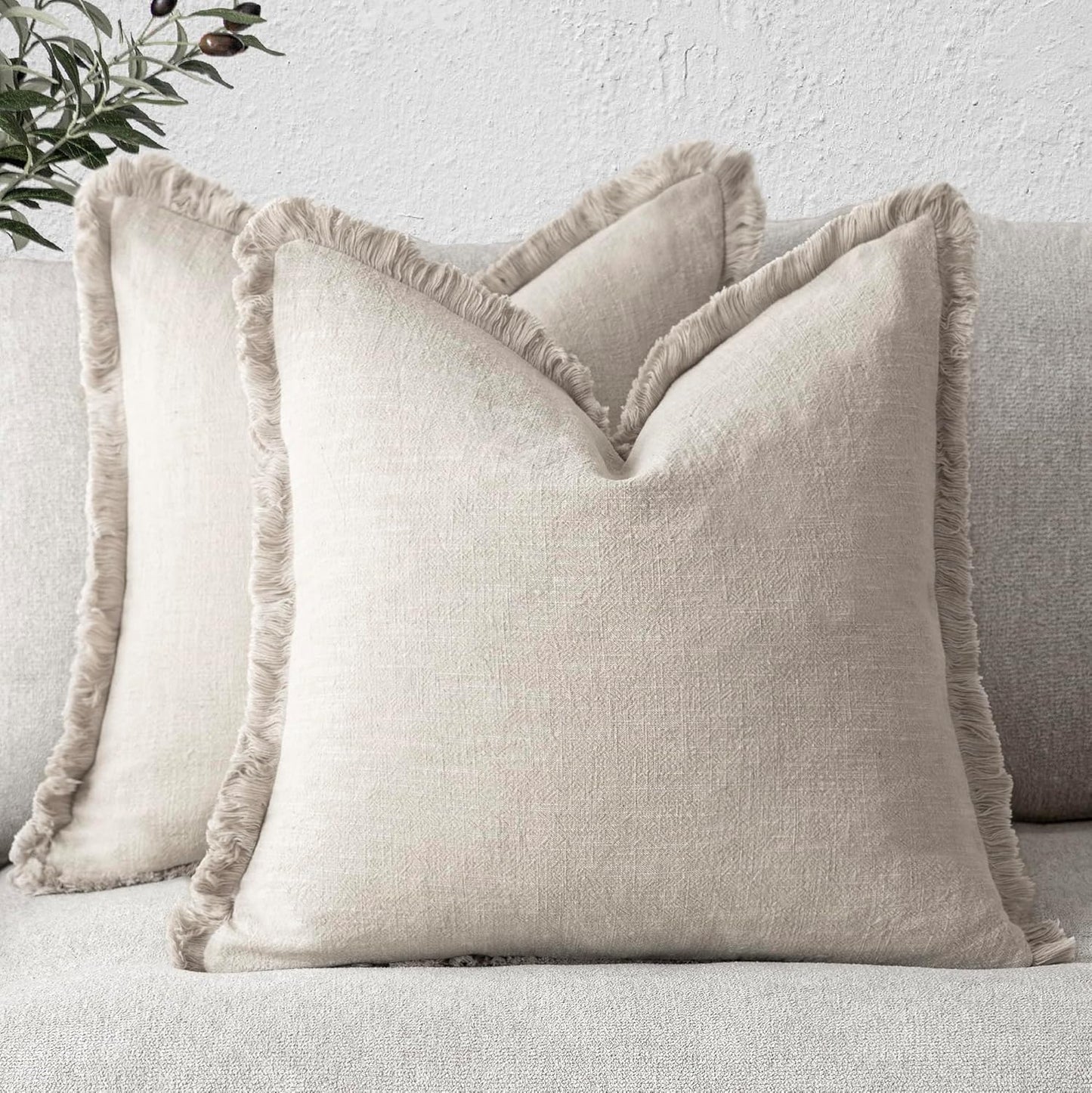 Foindtower Set of 2 Decorative Linen Fringe Throw Pillow Covers Cozy Boho Farmhouse Cushion Cover with Tassels Soft Accent Pillowcase for Couch Sofa Bed Living Room Home Decor, 16×16 Inch, Beige