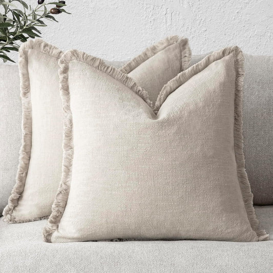 Foindtower Set of 2 Decorative Linen Fringe Throw Pillow Covers Cozy Boho Farmhouse Cushion Cover with Tassels Soft Accent Pillowcase for Couch Sofa Living Room Home Decor, 26×26 Inch, Natural Beige