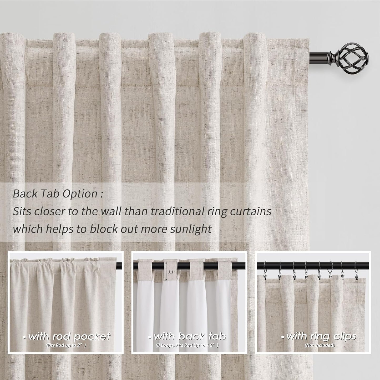 BOODII Room Darkening Curtains 120 Inch Back Tab Thermal Insulated Black Out Linen Drapes Extra Long Blackout Curtains for Patio Door Large Window Ceiling to Floor Light Blocking Sand Beige 52x120