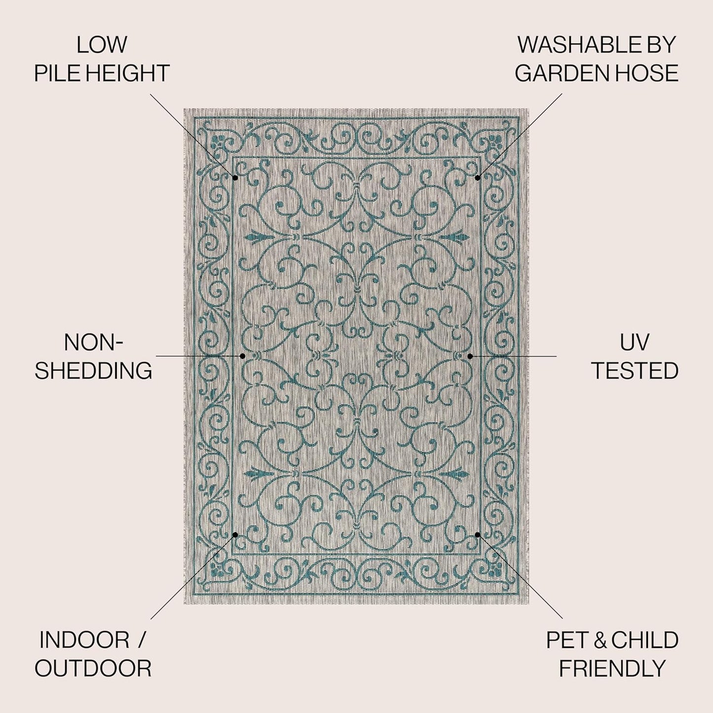 JONATHAN Y Vintage Filigree Indoor Outdoor Square Area Rug 6X6 Gray/Teal, Charleston Textured Weave for Backyard, Patio, Porch, Easy-Cleaning, High Traffic, Pet-Friendly, Non-Shedding (SMB106E-6SQ)