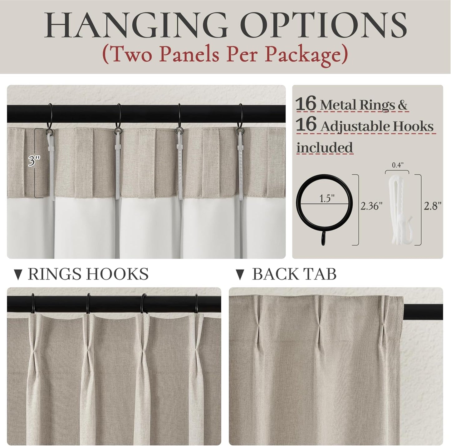 Grey Beige Taupe Viral Curtains with French Pinch Pleat Clips& White Backing, Thermal Living Room/Bedroom Linen Blackout Curtain 96 Inches Long 2 Panels Set Window Boho Summer Drapes (40"Wx96"L)