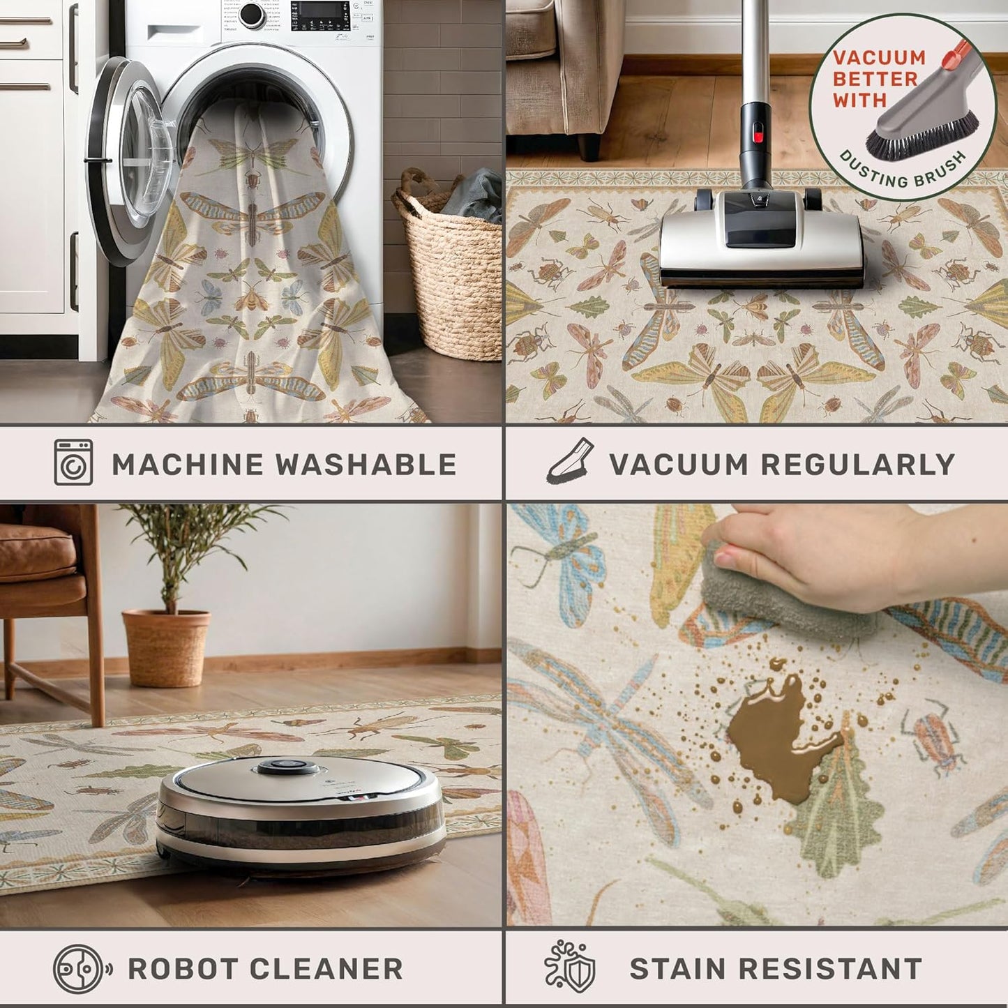 Large Beige Farmhouse Rugs for Living Room - 9x12 Area Rug for Bedroom, Dining Room, Kids Playroom, Stain Resistant Non Slip Low Pile Lightweight Carpet Indoor Butterfly Décor