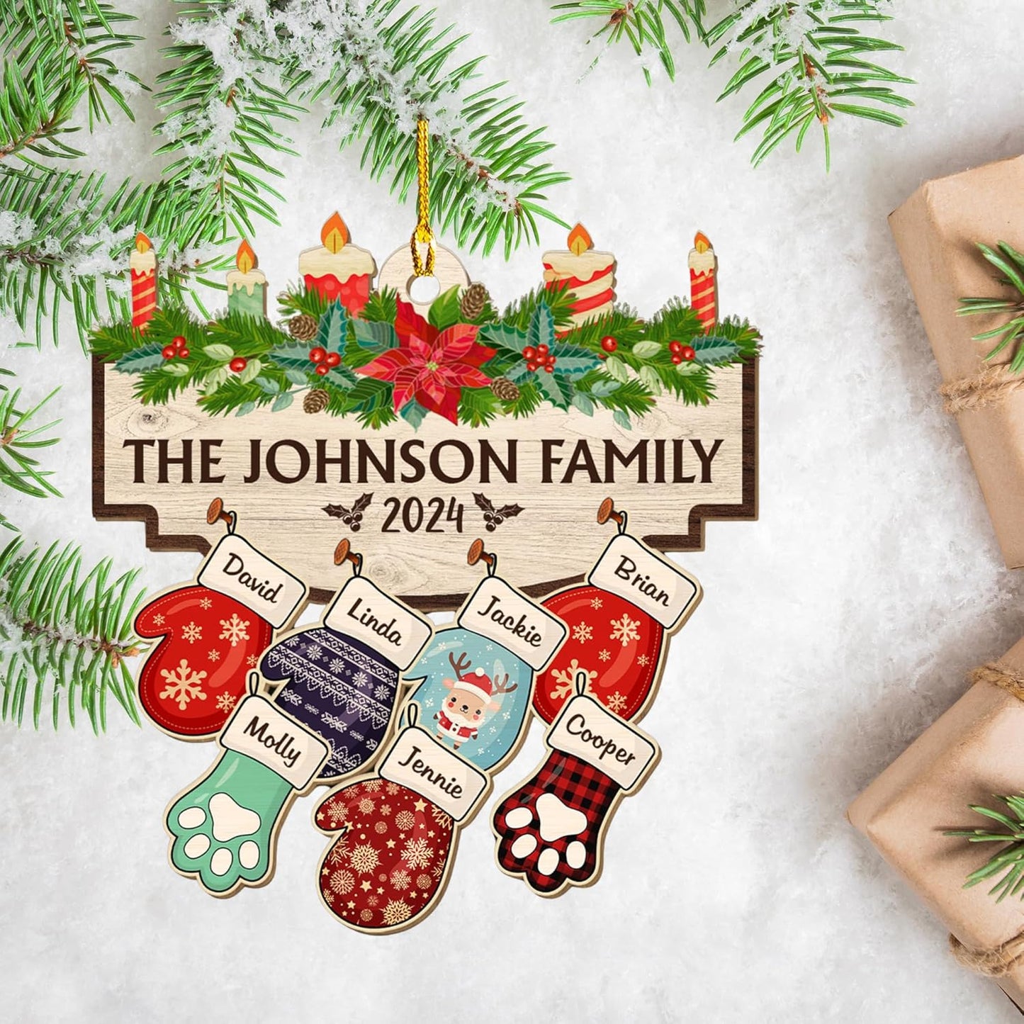 Family with Pet Ver 2 - Personalized Custom Wood Ornament, Family Gloves Christmas Ornament 2024, Xmas Ornament Gifts for Family Tree Decoration (A06, 8 Names)