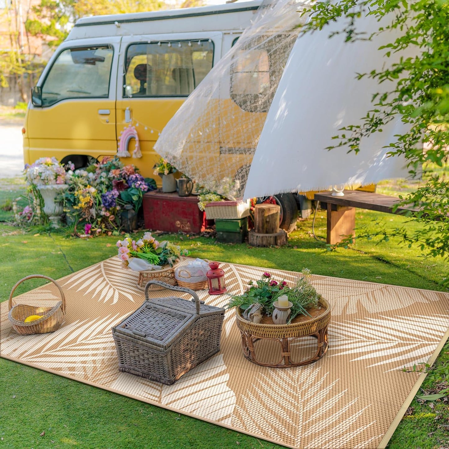 GENIMO Outdoor Rug 9' x 12' Waterproof for Patios Clearance, Reversible Outdoor Plastic Straw Camping Rug Carpet, Large Area Rugs Mats for RV, Camper, Deck, Balcony, Porch, Beach, Picnic, Brown&Beige