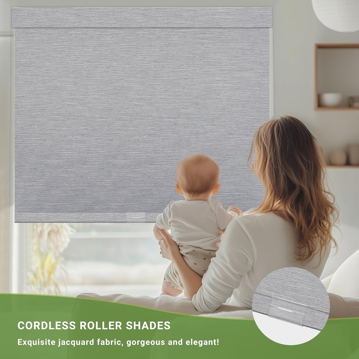Blackout Roller Shades for Indoor Windows, Cordless Jacquard Fabric-Matched Roller Blinds, Easy to Install Privacy UV Protection Roll Up Blinds for Home Office, Grey, 21" W x 72" H