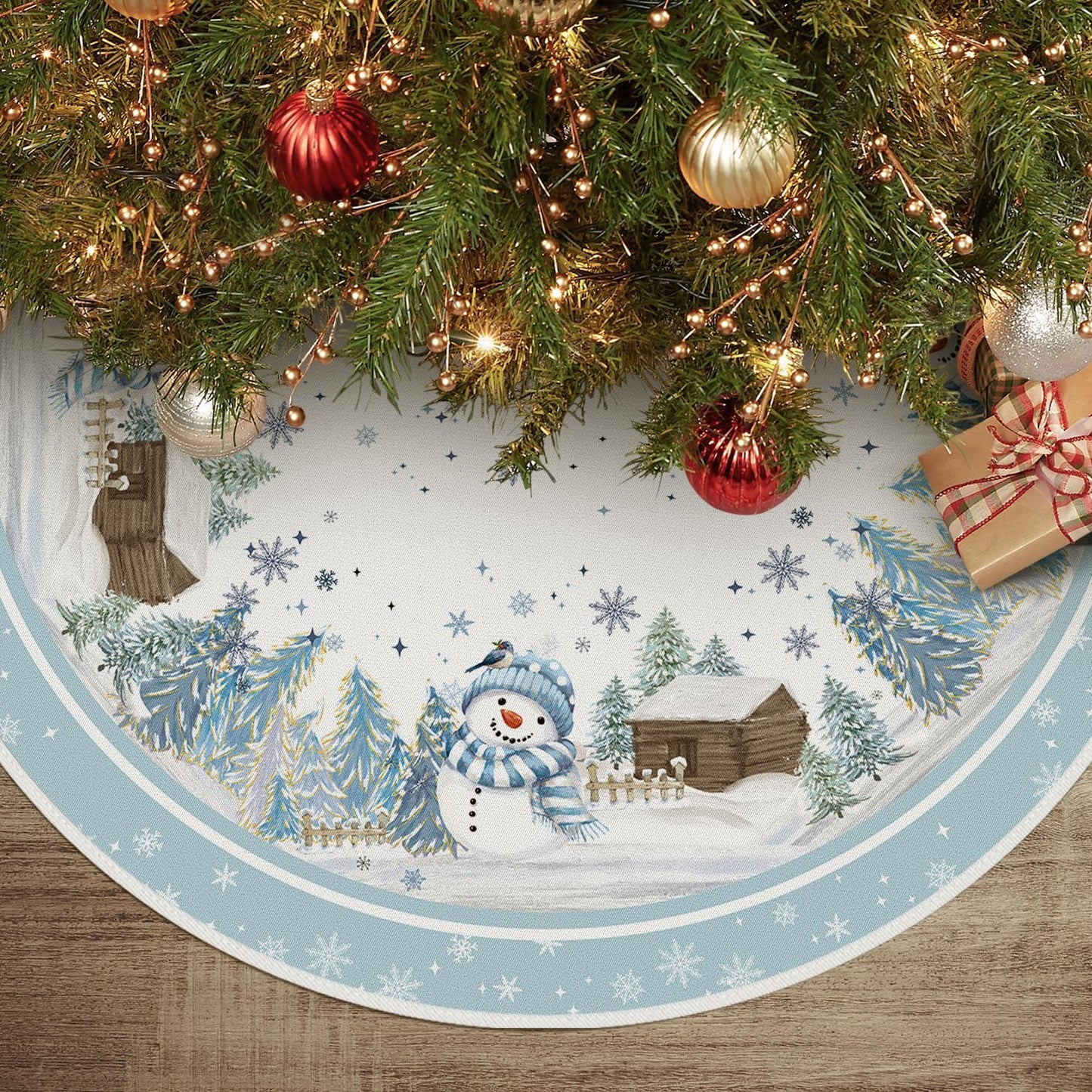 AVOIN colorlife Snowflake Snowman Cardinal Christmas Tree Skirt 36 Inch, Winter Holiday Tree Mat Decoration