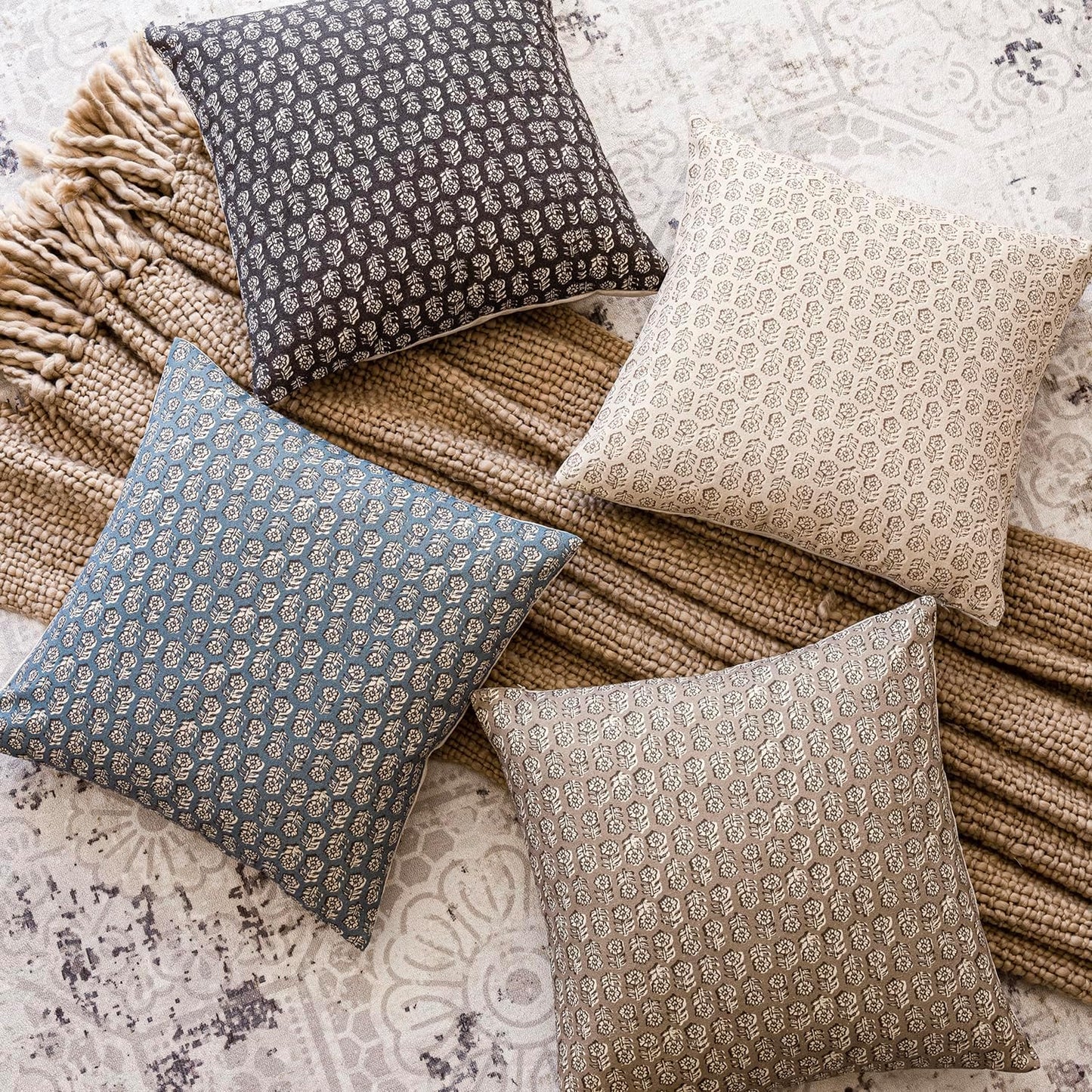 Foindtower Set of 2 Decorative Neutral Floral Print Throw Pillow Covers Vintage Accent Farmhouse Cushion Covers Boho Home Decor for Sofa Couch Chair Bedroom Living Room Outdoor,24×24 Inch,Ivory Beige