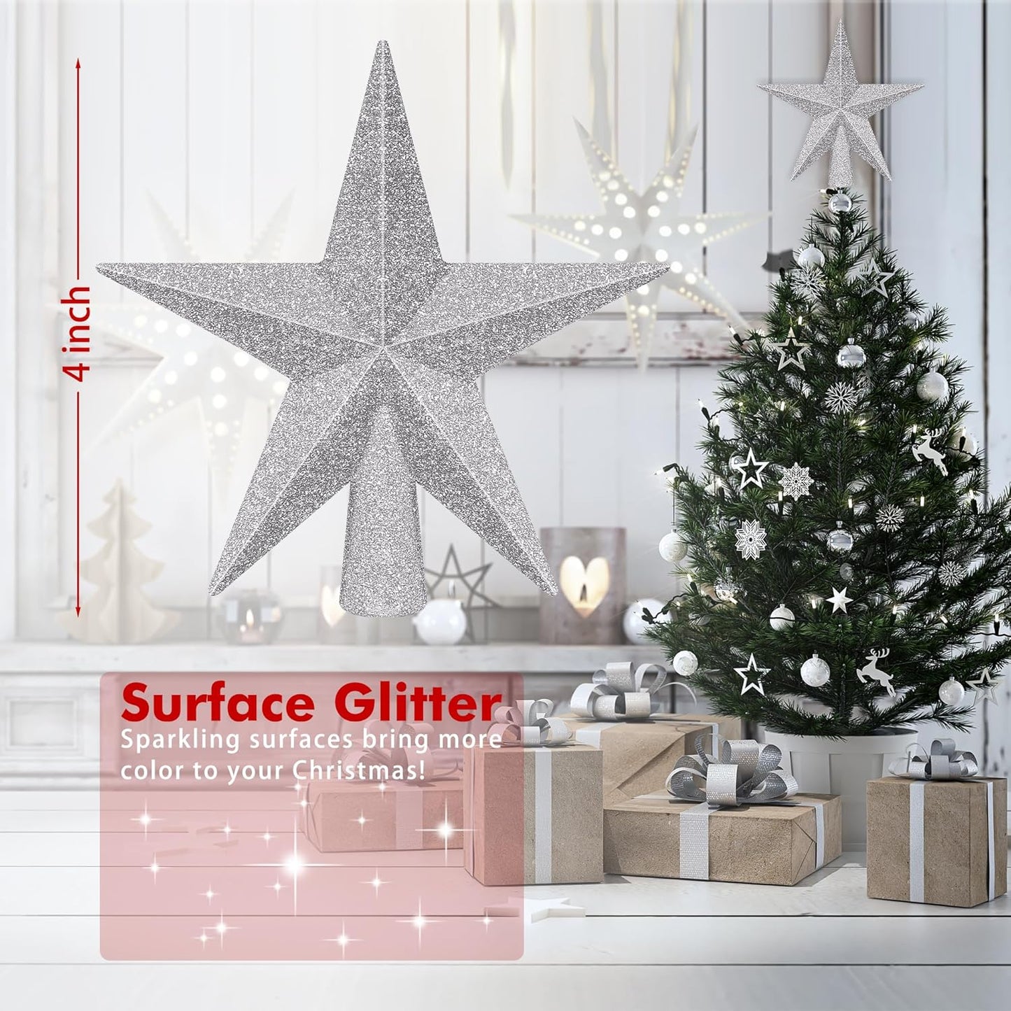 1PCS Tree Topper, 4" Star Christmas Tree Topper Glitter Sliver, Mini Bethlehem Star Xmas Shatterproof Tree Topper Decorations, Waterproof Christmas Decor for Holiday Home Indoor & Outdoor Ornament