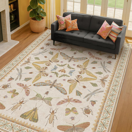 Washable Neutral Area Rug Living Room, 5x8 Washable Rugs for Bedroom Under Bed, Nursery Room, Boho Vintage Insect Butterfly Non-Slip Low Pile Stain Resistant - Beige/Yellow
