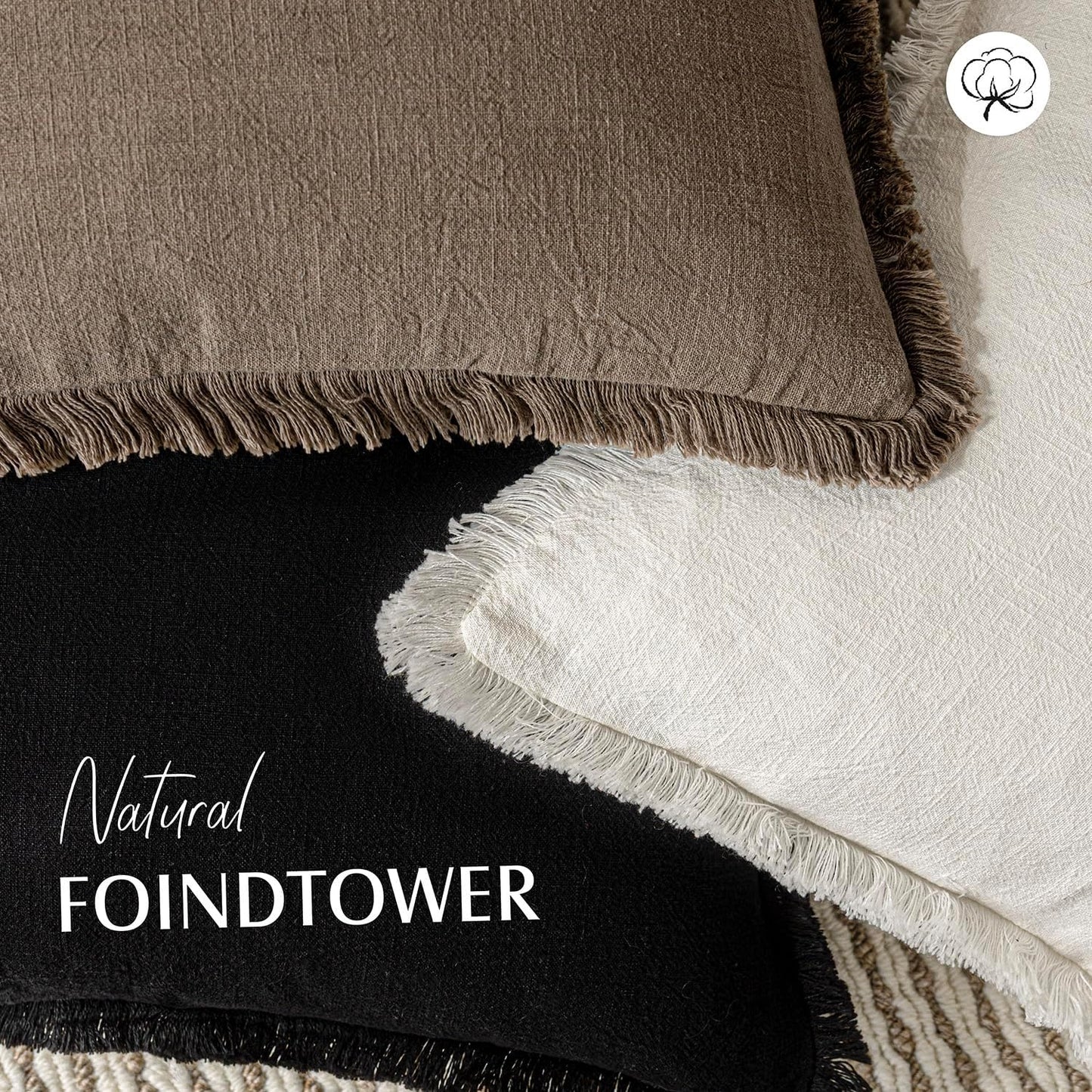 Foindtower Set of 2 Decorative Linen Fringe Throw Pillow Covers Cozy Boho Farmhouse Cushion Cover with Tassels Soft Accent Pillowcase for Couch Sofa Bed Living Room Home Decor, 16×16 Inch, Light Brown