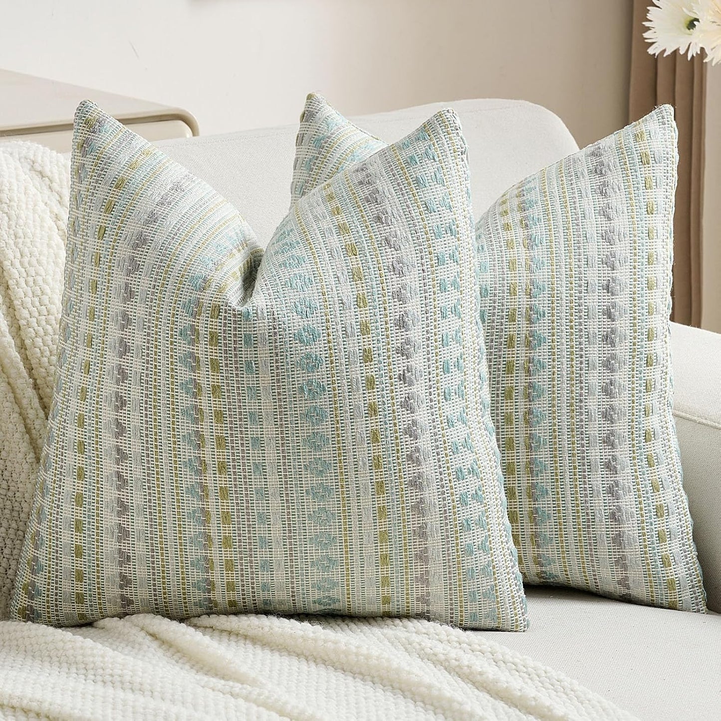 FUTEI Green Blue Decorative Throw Pillow Covers 24x24 Inch Set of 2,Soft Cozy Chenille Jacquard Textured Euro Pillow Shams,Boho Home Decor for Couch Bed Living Room