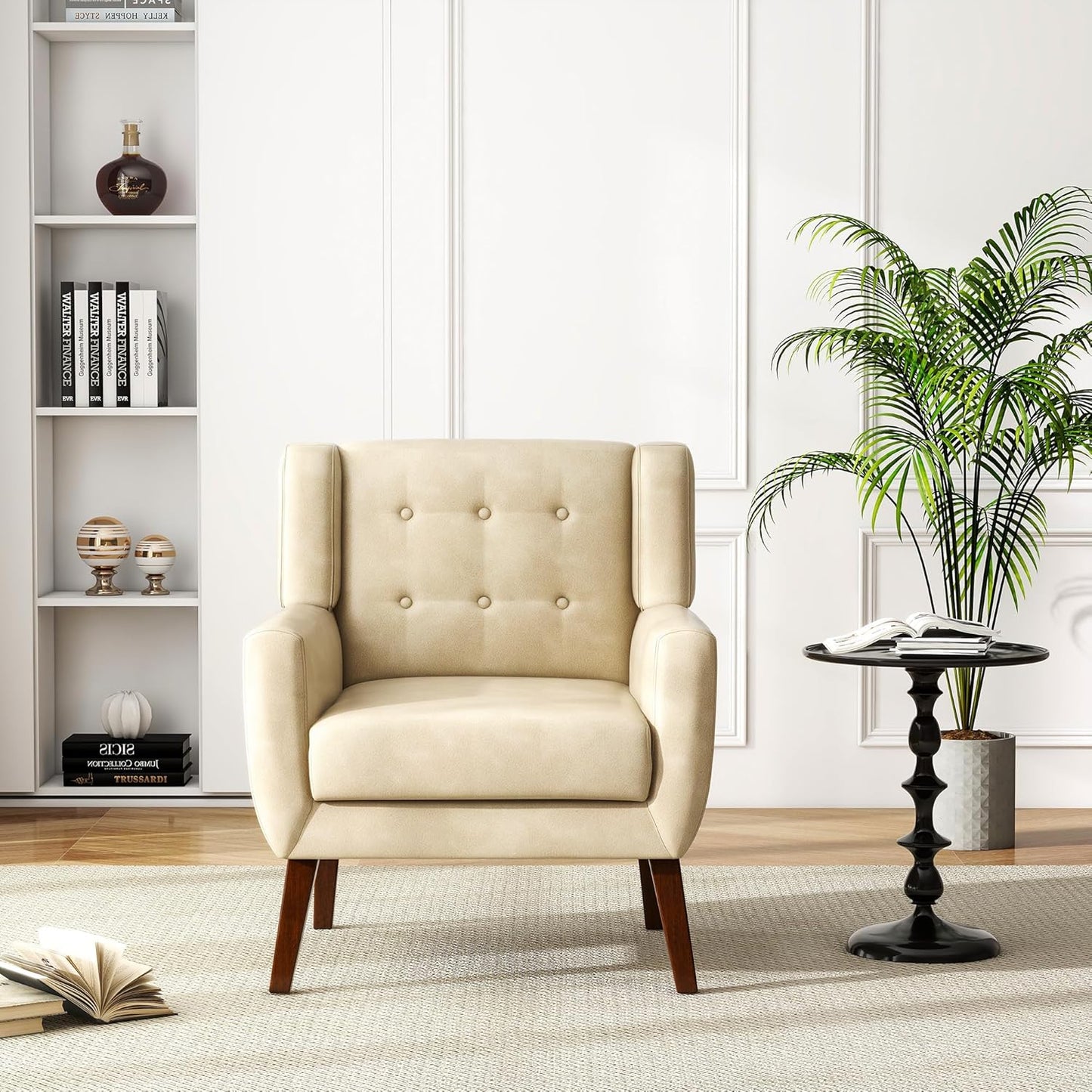 UIXE Faux Leather Accent Chairs Set of 4, Modern Arm Club Chair Upholstered Armchair for Living Room, Comfy Single Sofa Seats Button Tufted Reading Seating, Cream